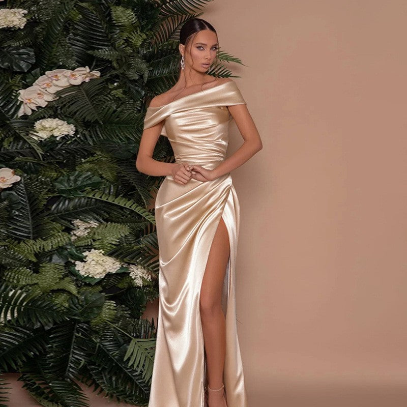 Robe Longue Satin Épaules Dénudées - Mariage Soirée Élégante