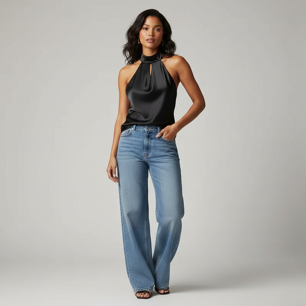 Top femme halter dos nu satin - Débardeur épaules dénudées été