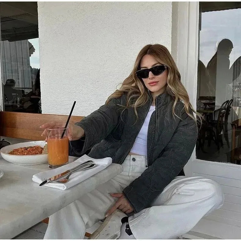 Veste femme matelassée coton vintage - Col montant grandes poches