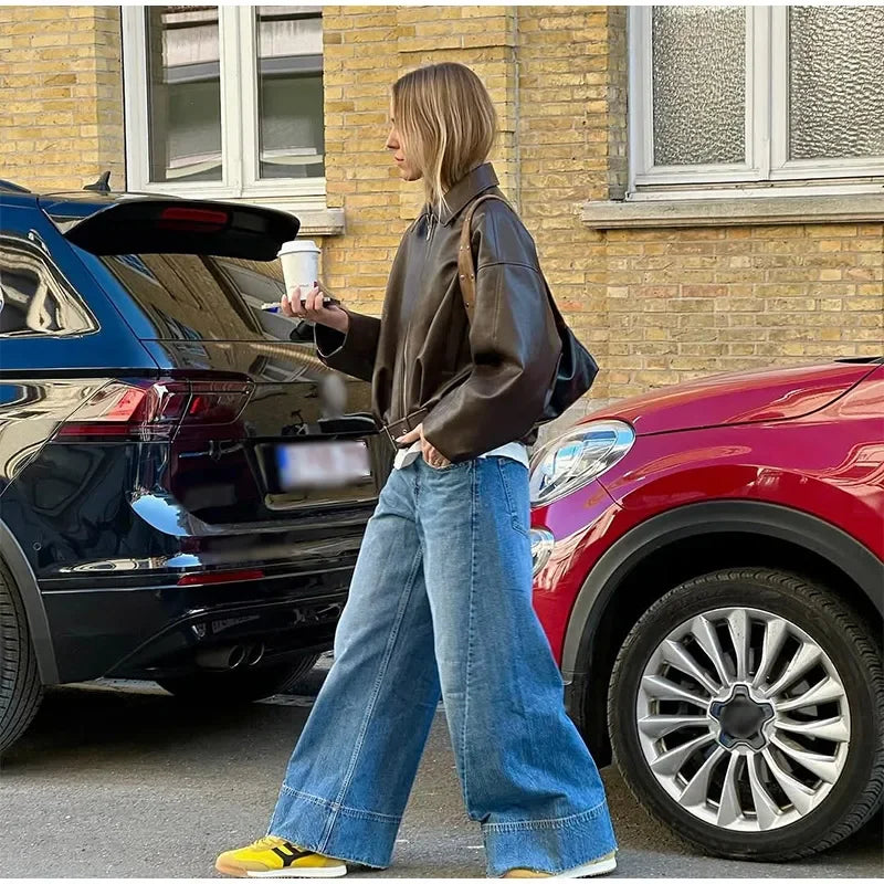 Veste bomber femme Cuir Vintage - Ceinture streetwear Automne