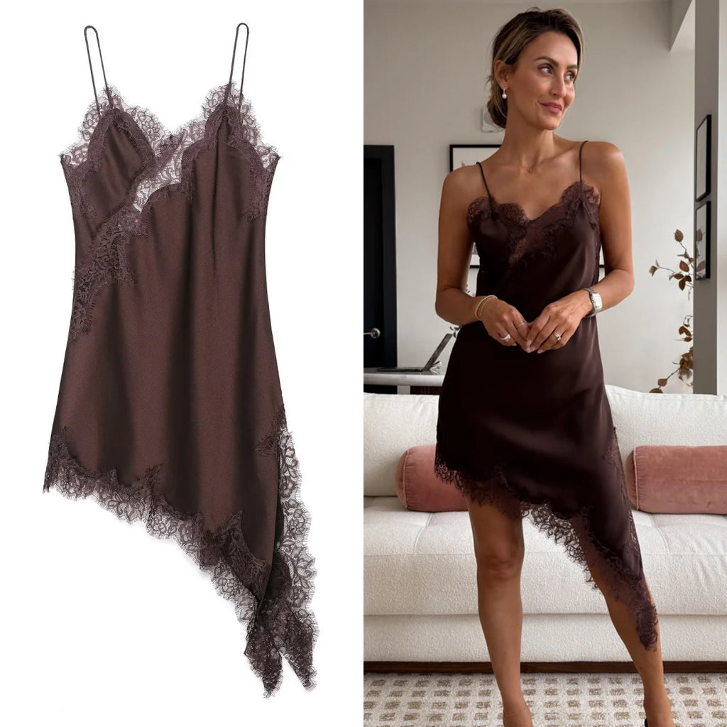 Robe Femme Asymétrique Dentelle Bretelles - Sexy Été Élégante