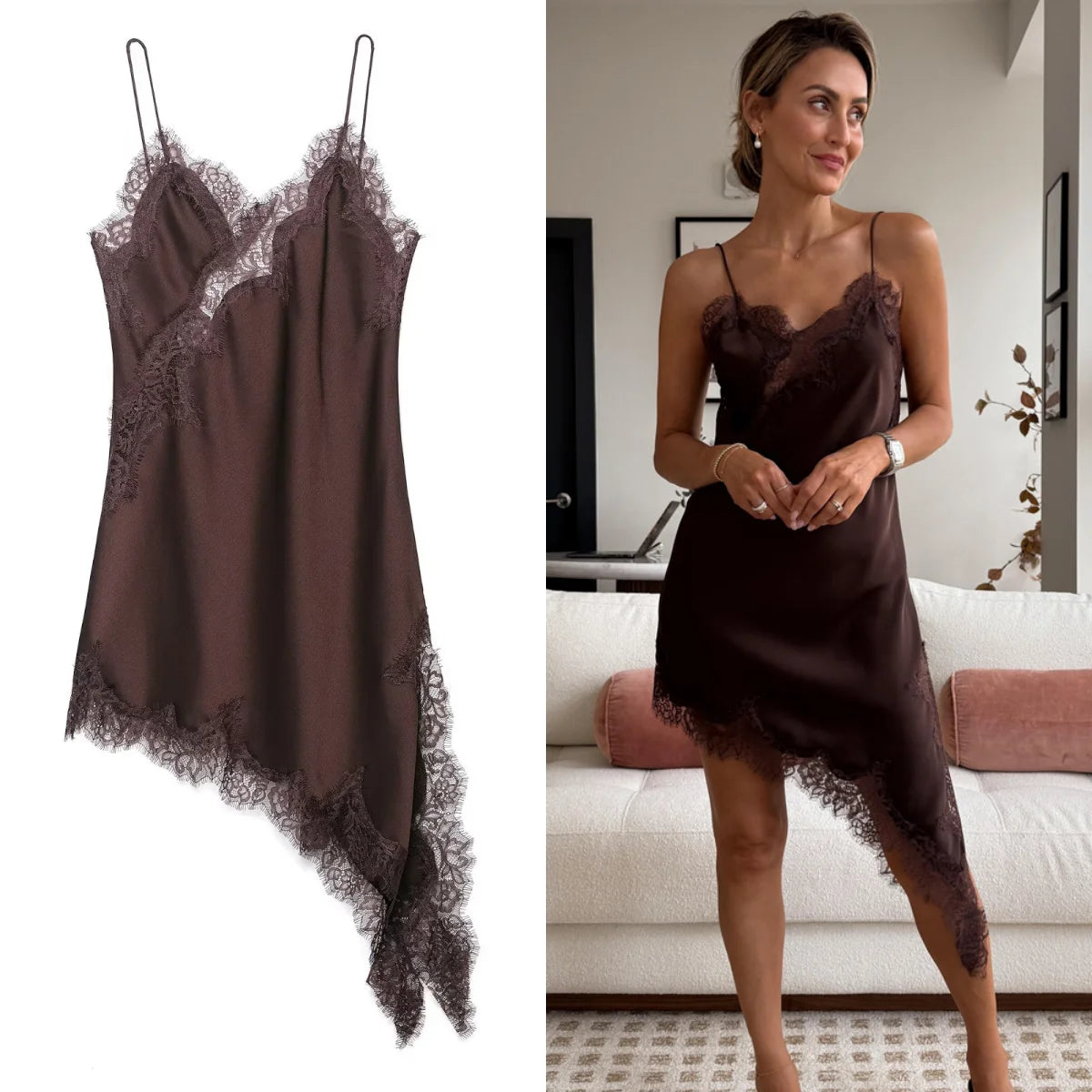 Robe Femme Asymétrique Dentelle Bretelles - Sexy Été Élégante
