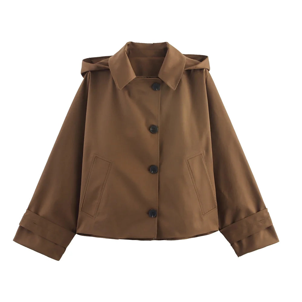 Veste Femme Automne Capuche - Trench Court Boutonnée Casual