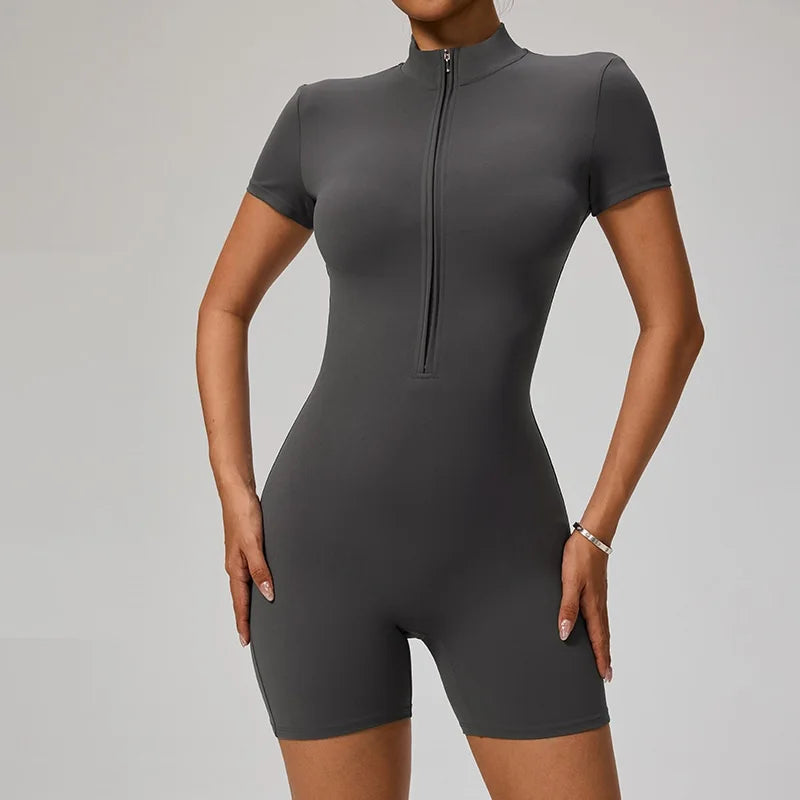 Combinaison Sport Femme Zip Courte - Yoga Fitness Sans Coutures