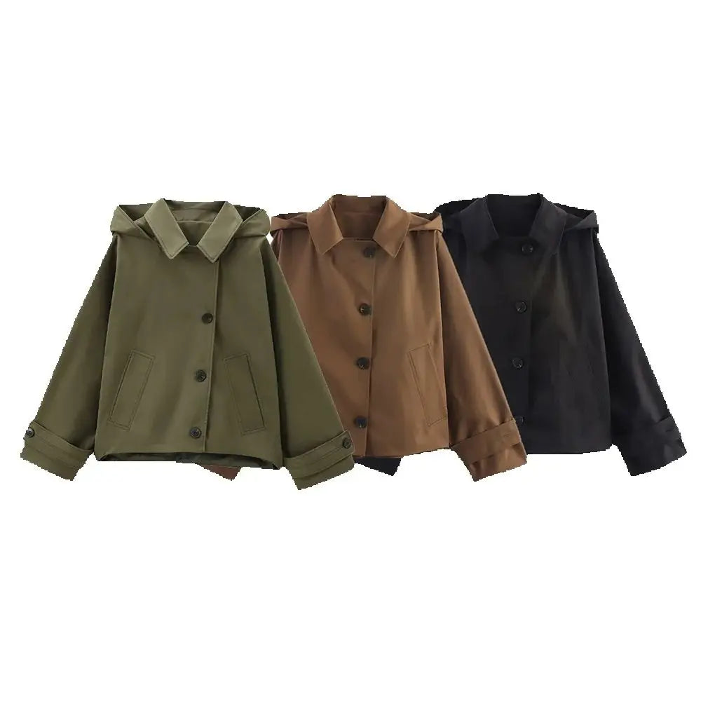 Veste Femme Automne Capuche - Trench Court Boutonnée Casual