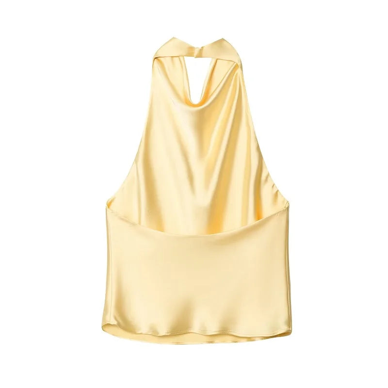 Top femme halter dos nu satin - Débardeur épaules dénudées été