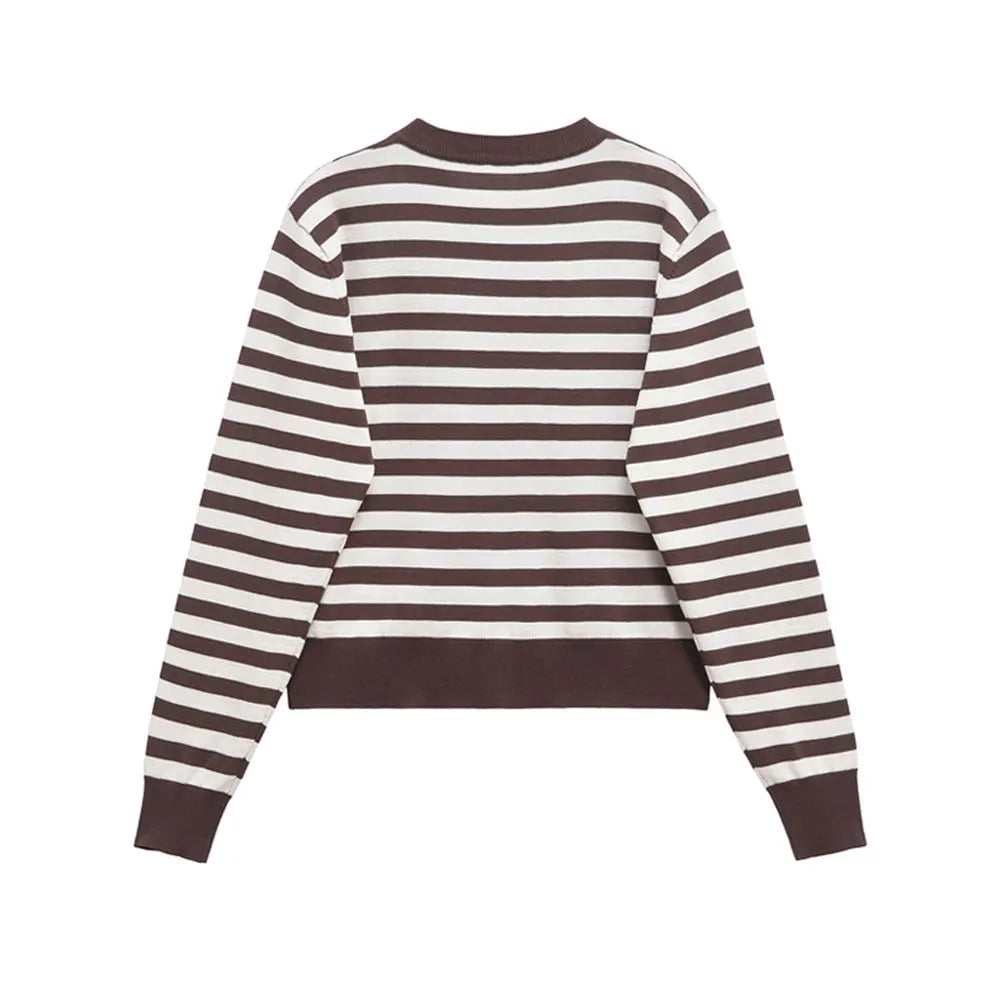 Cardigan femme rayé tricoté - Col Rond manches longues boutonné