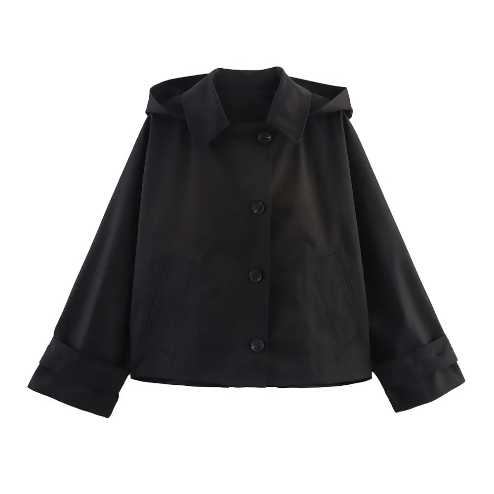Veste Femme Automne Capuche - Trench Court Boutonnée Casual