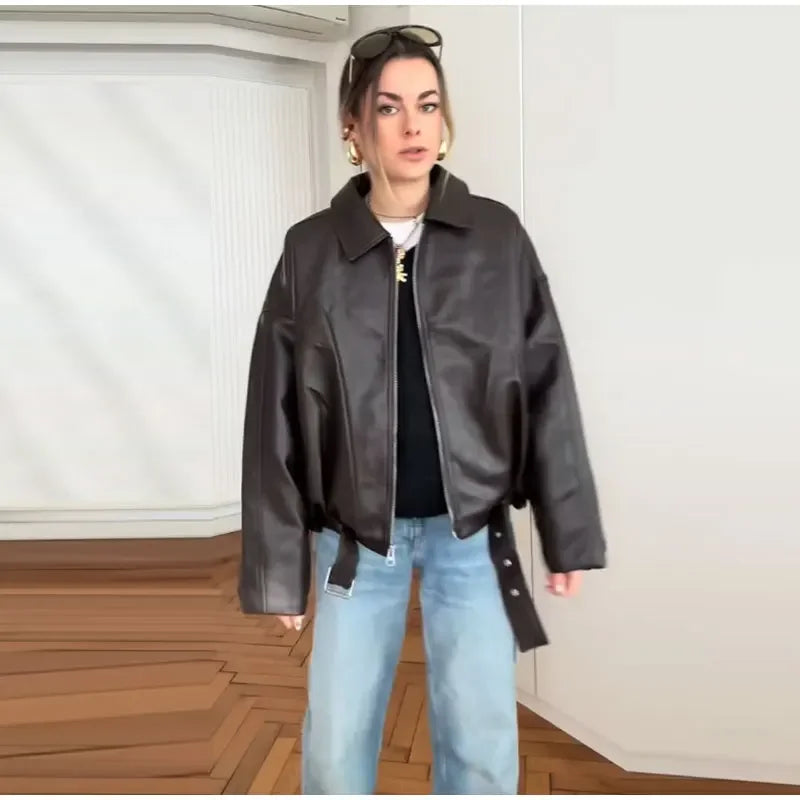 Veste bomber femme Cuir Vintage - Ceinture streetwear Automne
