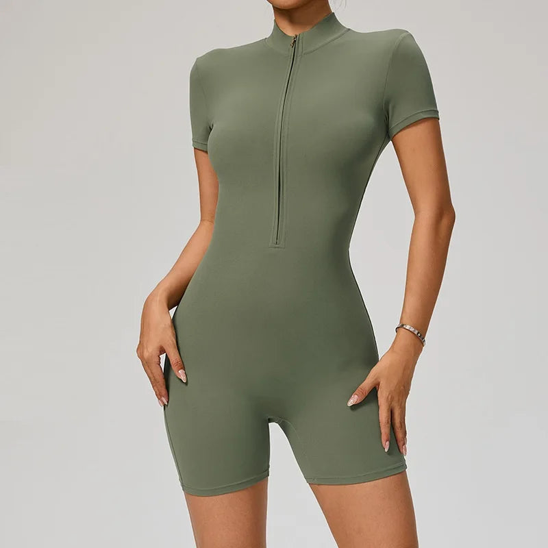 Combinaison Sport Femme Zip Courte - Yoga Fitness Sans Coutures