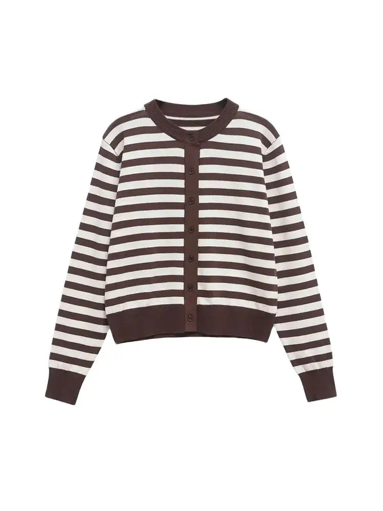 Cardigan femme rayé tricoté - Col Rond manches longues boutonné