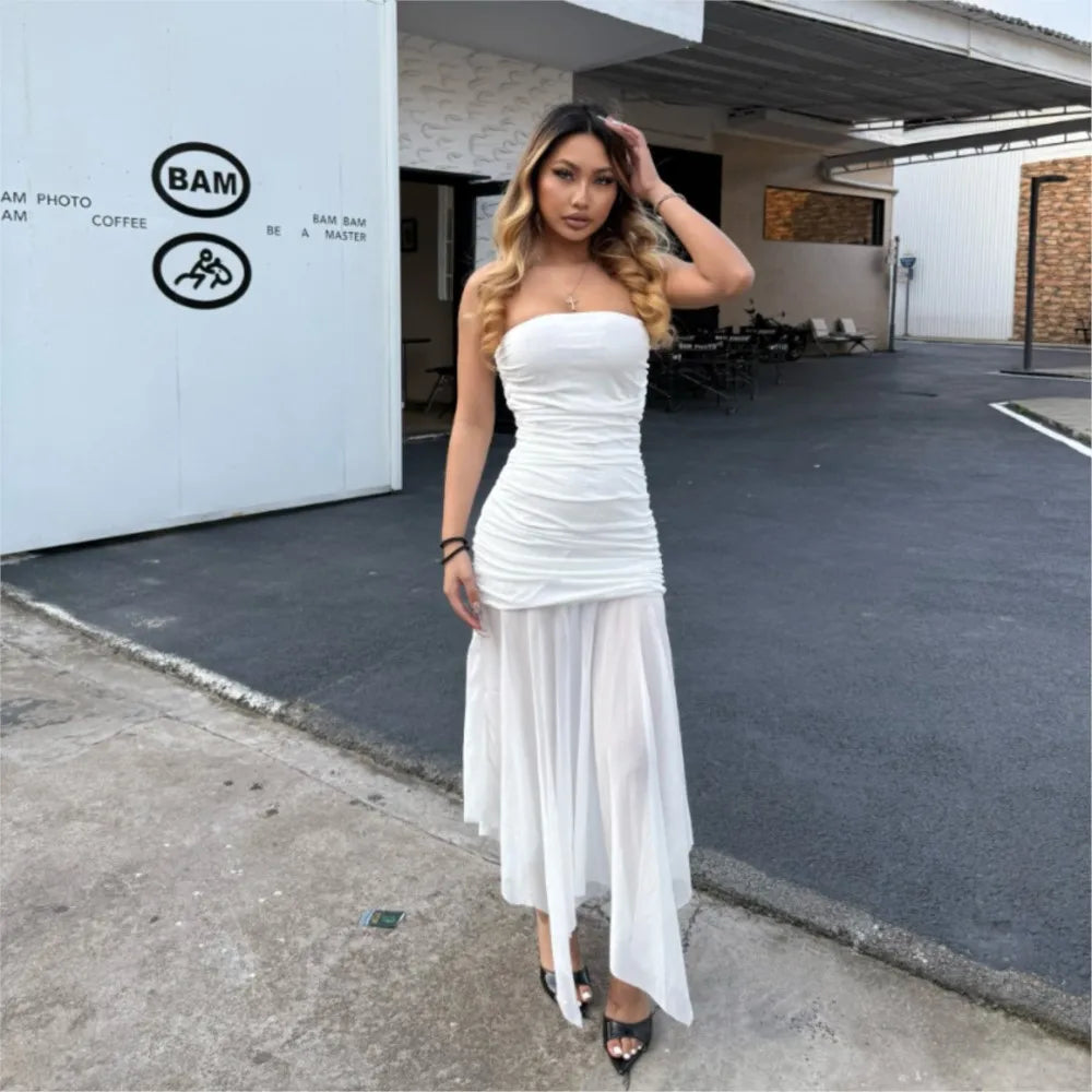 Robe bustier femme élégante plissée - sans manches gaze soirée