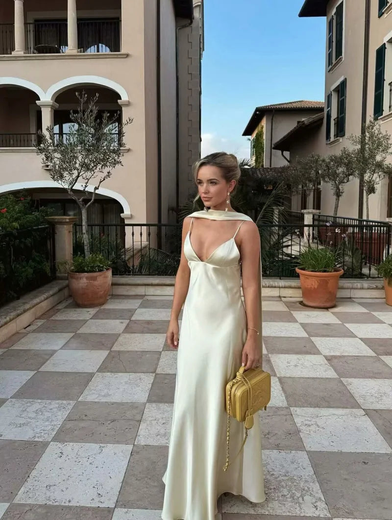 Robe longue femme satin bretelles - foulard décoratif soirée élégante