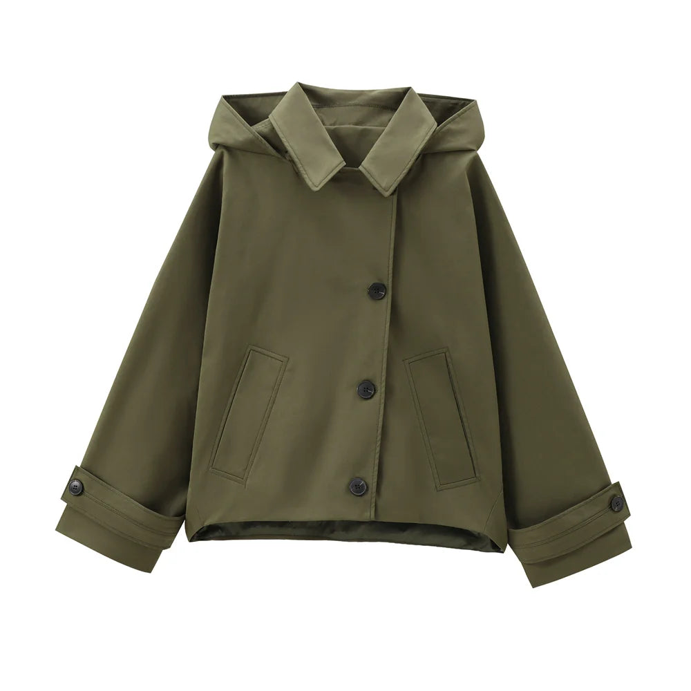 Veste Femme Automne Capuche - Trench Court Boutonnée Casual