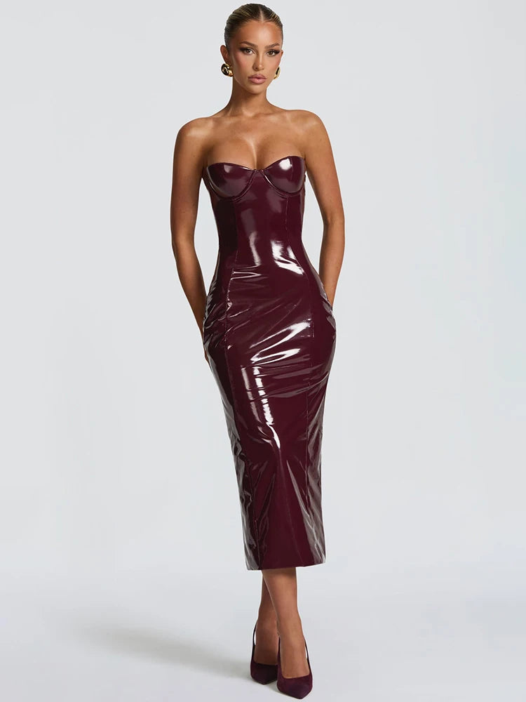 Robe longue sexy cuir bustier - dos nu soirée clubwear