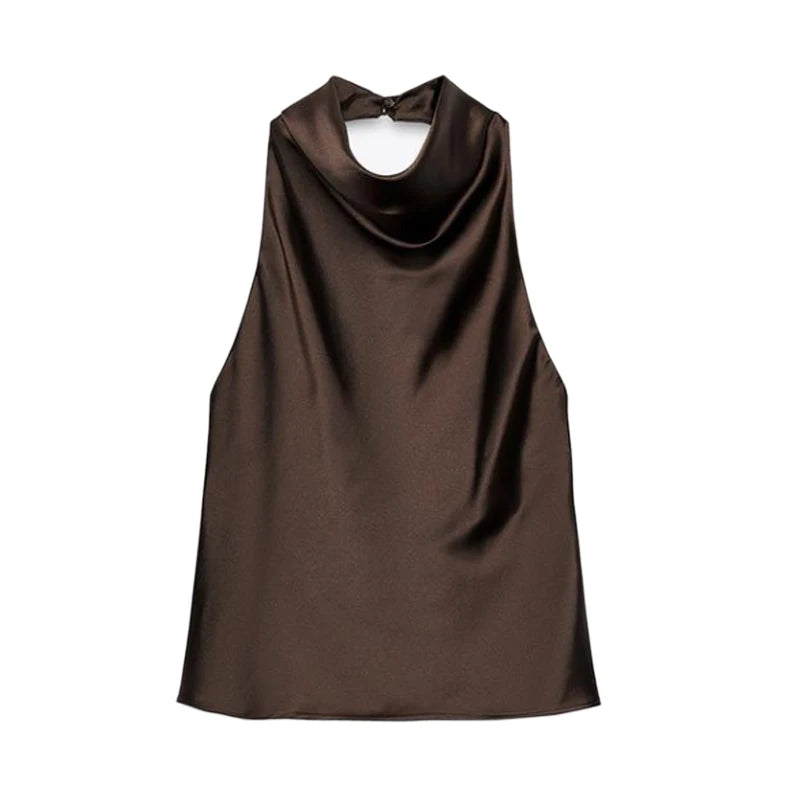 Top femme halter dos nu satin - Débardeur épaules dénudées été