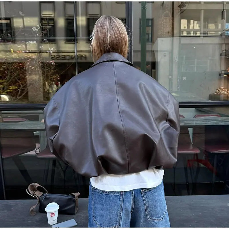 Veste bomber femme Cuir Vintage - Ceinture streetwear Automne