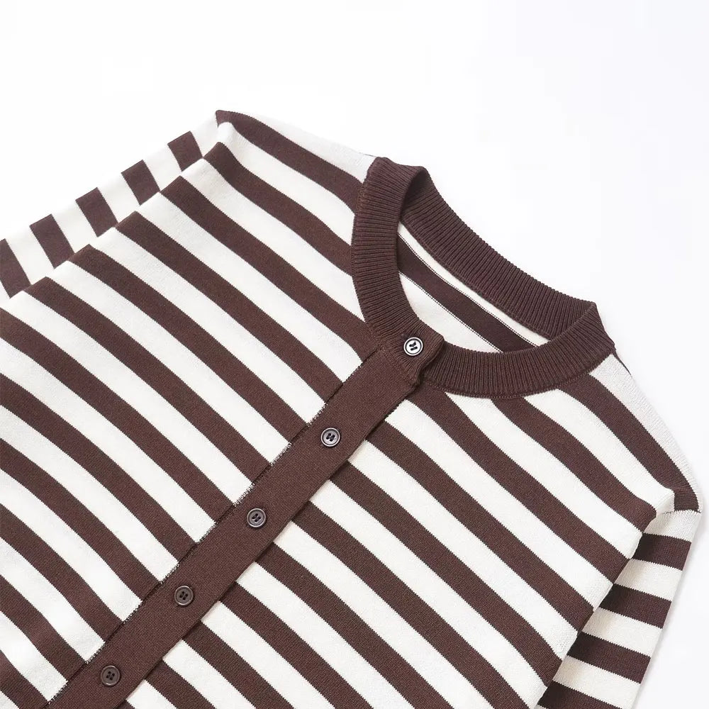 Cardigan femme rayé tricoté - Col Rond manches longues boutonné