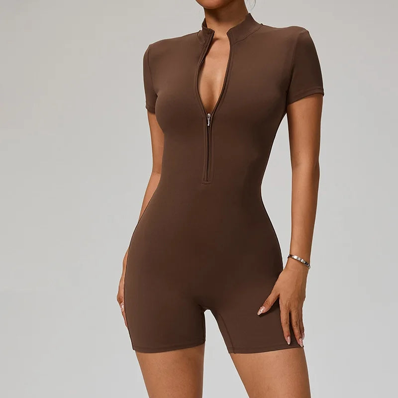 Combinaison Sport Femme Zip Courte - Yoga Fitness Sans Coutures