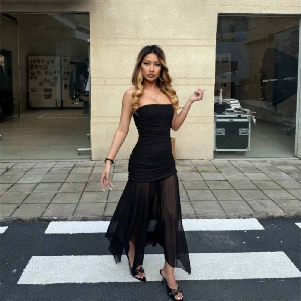 Robe bustier femme élégante plissée - sans manches gaze soirée