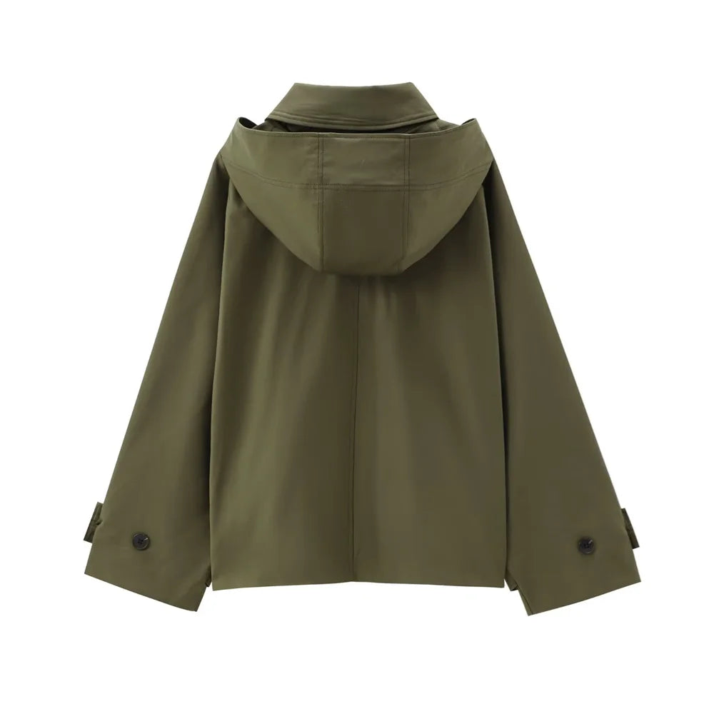 Veste Femme Automne Capuche - Trench Court Boutonnée Casual