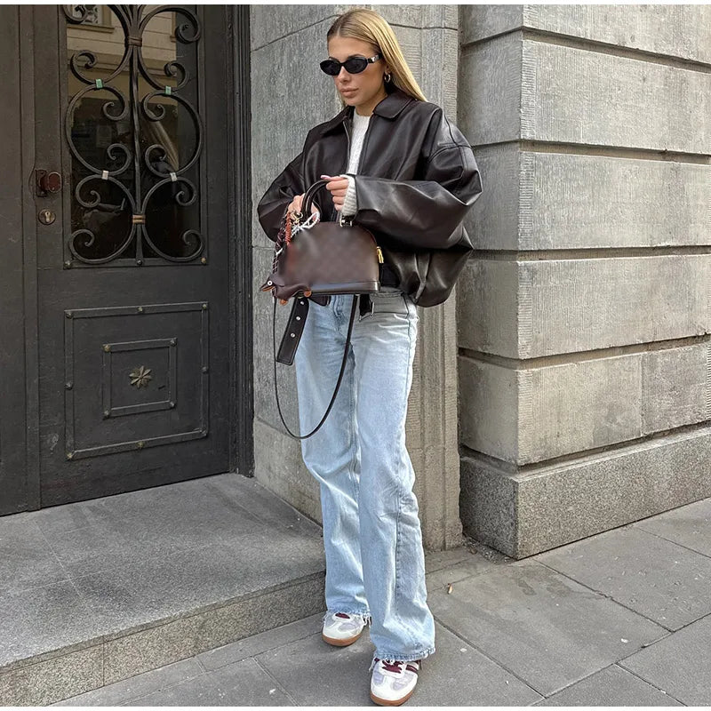 Veste bomber femme Cuir Vintage - Ceinture streetwear Automne